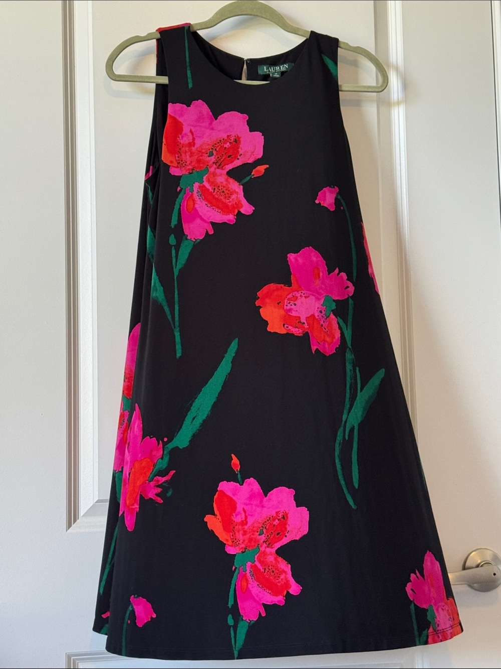 Lauren Ralph Lauren Black A-Line Dress with Hot Pink and Green Floral Print